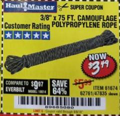 Harbor Freight Coupon 3/8" x 75 FT. CAMOUFLAGE POLY ROPE Lot No. 47835/61674 Expired: 9/5/18 - $3.49