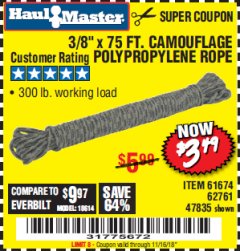 Harbor Freight Coupon 3/8" x 75 FT. CAMOUFLAGE POLY ROPE Lot No. 47835/61674 Expired: 11/16/18 - $3.49