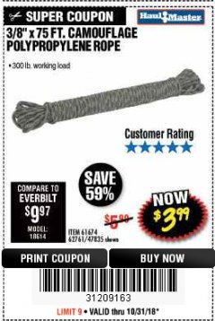 Harbor Freight Coupon 3/8" x 75 FT. CAMOUFLAGE POLY ROPE Lot No. 47835/61674 Expired: 10/31/18 - $3.99