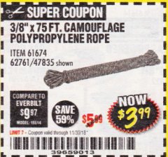 Harbor Freight Coupon 3/8" x 75 FT. CAMOUFLAGE POLY ROPE Lot No. 47835/61674 Expired: 11/30/18 - $3.99