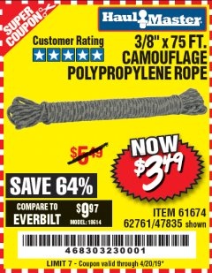 Harbor Freight Coupon 3/8" x 75 FT. CAMOUFLAGE POLY ROPE Lot No. 47835/61674 Expired: 4/20/19 - $3.49