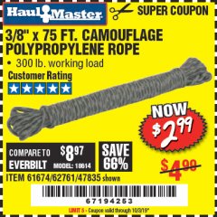 Harbor Freight Coupon 3/8" x 75 FT. CAMOUFLAGE POLY ROPE Lot No. 47835/61674 Expired: 10/3/19 - $2.99