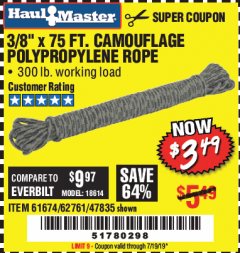 Harbor Freight Coupon 3/8" x 75 FT. CAMOUFLAGE POLY ROPE Lot No. 47835/61674 Expired: 7/19/19 - $3.49