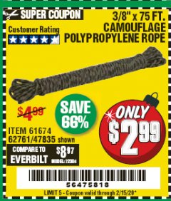 Harbor Freight Coupon 3/8" x 75 FT. CAMOUFLAGE POLY ROPE Lot No. 47835/61674 Expired: 2/15/20 - $2.99