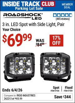 Harbor Freight Coupon ROADSHOCK 3 IN. LED WITH SIDELIGHT, PAIR Lot No. 57538/57539 Valid: 12/31/69 - 6/4/26 - $69.99
