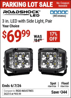 Harbor Freight Coupon ROADSHOCK 3 IN. LED WITH SIDE LIGHT, PAIR Lot No. 57538/57539 Expired: 6/7/26 - $69.99