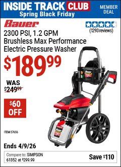 Harbor Freight ITC Coupon BAUER 2300 PSI, 1.2 GPM BRUSHLESS MAX PERFORMANCE ELECTRIC PRESSURE WASHER Lot No. 57656 Expired: 4/9/26 - $189.99