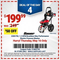 Harbor Freight Coupon BAUER 2300 PSI, 1.2 GPM BRUSHLESS MAX PERFORMANCE ELECTRIC PRESSURE WASHER Lot No. 57656 Expired: 5/16/24 - $199.99