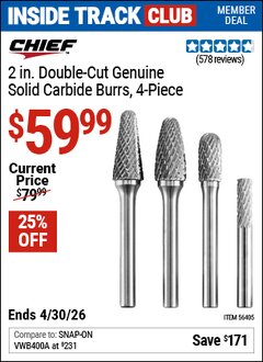 Harbor Freight ITC Coupon CHIEF 2 IN. DOUBLE-CUT GENUINE SOLID CARBIDE BURRS, 4-PIECE Lot No. 56405 Valid Thru: 4/30/26 - $59.99