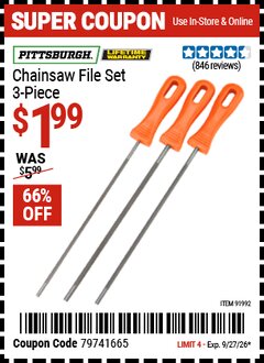 Harbor Freight Coupon PITTSBURGH CHAINSAW FILE SET, 3-PIECE Lot No. 91992 Valid Thru: 9/27/26 - $1.99