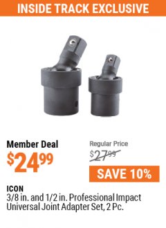 Harbor Freight ITC Coupon 3/8 IN. AND 1/2 IN. IMPACT JOINT ADAPTER SET 2 PC Lot No. 56697 Expired: 7/29/21 - $24.99