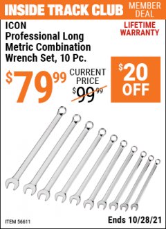 Harbor Freight ITC Coupon PROF LONG METRIC COMBINATION WRENCH SET, 10 PC. Lot No. 56611 Expired: 10/28/21 - $79.99