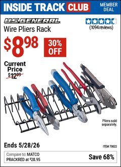 Harbor Freight Coupon U.S. GENERAL WIRE PLIERS RACK Lot No. 70022 Valid: 12/31/69 - 5/28/26 - $8.98
