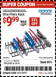 Harbor Freight Coupon U.S. GENERAL WIRE PLIERS RACK Lot No. 70022 Valid Thru: 3/8/26 - $9.99