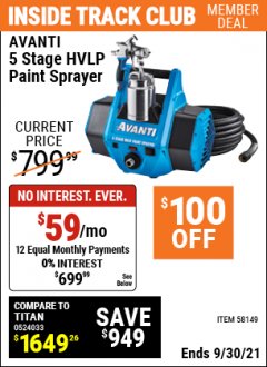 Harbor Freight ITC Coupon AVANTI 5 STAGE HVLP PAINT SPRAYER Lot No. 58149 Expired: 9/30/21 - $699.99