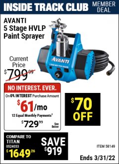 Harbor Freight ITC Coupon AVANTI 5 STAGE HVLP PAINT SPRAYER Lot No. 58149 Expired: 3/31/22 - $729.99