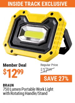 Harbor Freight ITC Coupon BRAUN 750 LUMEN PORTABLE WORK LIGHT WITH ROTATING HANDLE/STAND Lot No. 57961 Expired: 7/29/21 - $12.99