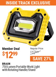 Harbor Freight ITC Coupon BRAUN 750 LUMEN LED PORTABLE WORK LIGHT WITH ROTATING HANDLE/STAND Lot No. 57961 Expired: 7/29/21 - $12.99