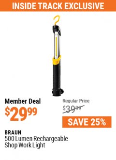 Harbor Freight ITC Coupon BRAUN 500 LUMEN RECHARGEABLE SHOP WORK LIGHT Lot No. 57444 Expired: 7/29/21 - $29.99