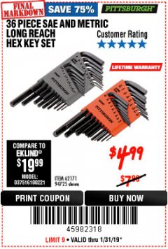 Harbor Freight Coupon 36 PIECE SAE/METRIC LONG REACH HEX KEY SET Lot No. 62171/94725 Expired: 1/31/19 - $4.99