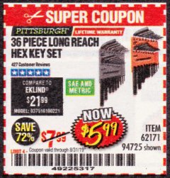 Harbor Freight Coupon 36 PIECE SAE/METRIC LONG REACH HEX KEY SET Lot No. 62171/94725 Expired: 8/31/19 - $5.99