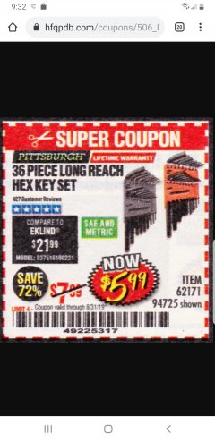 Harbor Freight Coupon PITTSBURGH SAE AND METRIC LONG REACH HEX KEY SET, 36-PIECE Lot No. 94725 Expired: 8/31/19 - $5.99