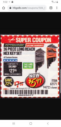 Harbor Freight Coupon 36 PIECE SAE/METRIC LONG REACH HEX KEY SET Lot No. 62171/94725 Expired: 8/31/19 - $5.99