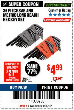 Harbor Freight Coupon 36 PIECE SAE/METRIC LONG REACH HEX KEY SET Lot No. 62171/94725 Expired: 8/25/19 - $4.99