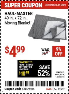 Harbor Freight Coupon 40 X 72 MOVING BLANKET Lot No. 47262 Expired: 3/20/22 - $4.99