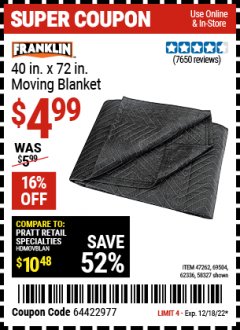 Harbor Freight Coupon 40 X 72 MOVING BLANKET Lot No. 47262 Expired: 12/18/22 - $4.99