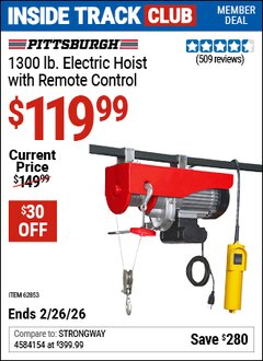 Harbor Freight Coupon PITTSBURGH 1300 LB. ELECTRIC HOIST WITH REMOTE CONTROL Lot No. 62853 Valid: 12/31/69 - 2/26/26 - $119.99