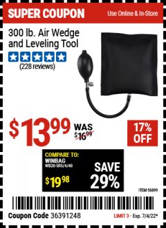 Harbor Freight Coupon 300 LB. AIR WEDGE AND LEVELING TOOL Lot No. 56899 Expired: 7/4/22 - $13.99