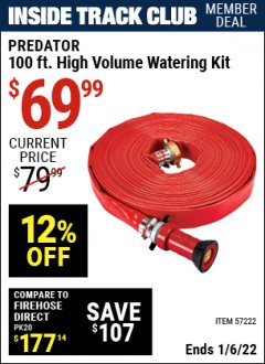 Harbor Freight ITC Coupon PREDATOR 100 FT. HIGH-VOLUME WATERING KIT WITH ADJUSTABLE SPRAY NOZZLE Lot No. 57222 Expired: 1/6/22 - $69.99