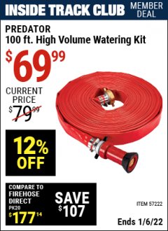 Harbor Freight ITC Coupon PREDATOR 100 FT. HIGH VOLUME WATERING KIT Lot No. 57222 Expired: 1/6/22 - $69.99