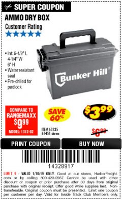 Harbor Freight ITC Coupon BUNKER HILL SECURITY 0.30 CALIBER AMMO BOX Lot No. 63135 Expired: 1/10/19 - $3.99