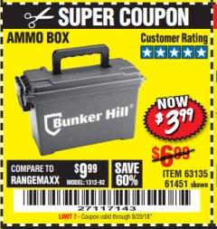 Harbor Freight Coupon BUNKER HILL SECURITY 0.30 CALIBER AMMO BOX Lot No. 63135 Expired: 8/20/18 - $3.99