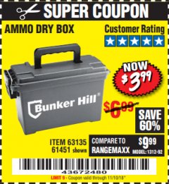Harbor Freight Coupon BUNKER HILL SECURITY 0.30 CALIBER AMMO BOX Lot No. 63135 Expired: 11/10/18 - $3.99