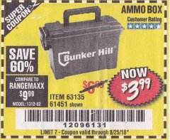 Harbor Freight Coupon BUNKER HILL SECURITY 0.30 CALIBER AMMO BOX Lot No. 63135 Expired: 8/25/18 - $3.99