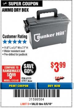 Harbor Freight Coupon BUNKER HILL SECURITY 0.30 CALIBER AMMO BOX Lot No. 63135 Expired: 8/5/18 - $3.99