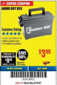 Harbor Freight Coupon BUNKER HILL SECURITY 0.30 CALIBER AMMO BOX Lot No. 63135 Expired: 8/12/18 - $3.99