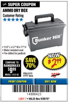 Harbor Freight Coupon BUNKER HILL SECURITY 0.30 CALIBER AMMO BOX Lot No. 63135 Expired: 9/30/18 - $2.99