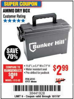 Harbor Freight Coupon BUNKER HILL SECURITY 0.30 CALIBER AMMO BOX Lot No. 63135 Expired: 10/1/18 - $2.99