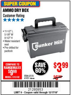 Harbor Freight Coupon BUNKER HILL SECURITY 0.30 CALIBER AMMO BOX Lot No. 63135 Expired: 12/17/18 - $3.99
