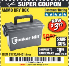 Harbor Freight Coupon BUNKER HILL SECURITY 0.30 CALIBER AMMO BOX Lot No. 63135 Expired: 5/1/19 - $3.99