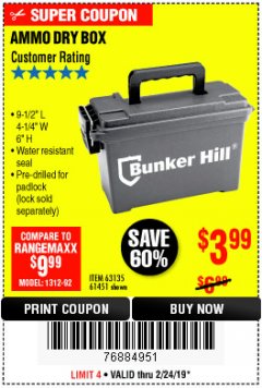Harbor Freight Coupon BUNKER HILL SECURITY 0.30 CALIBER AMMO BOX Lot No. 63135 Expired: 2/24/19 - $3.99