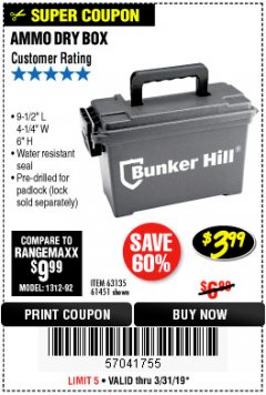 Harbor Freight Coupon BUNKER HILL SECURITY 0.30 CALIBER AMMO BOX Lot No. 63135 Expired: 3/31/19 - $3.99