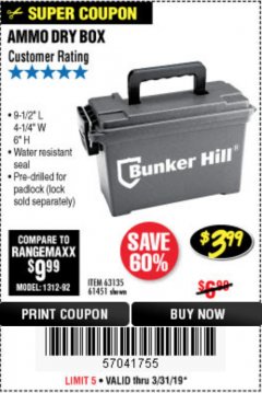 Harbor Freight Coupon BUNKER HILL SECURITY 0.30 CALIBER AMMO BOX Lot No. 63135 Expired: 3/31/19 - $3.99