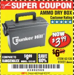 Harbor Freight Coupon BUNKER HILL SECURITY 0.30 CALIBER AMMO BOX Lot No. 63135 Expired: 6/12/19 - $3.99