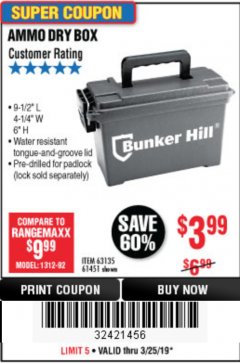 Harbor Freight Coupon BUNKER HILL SECURITY 0.30 CALIBER AMMO BOX Lot No. 63135 Expired: 3/25/19 - $3.99