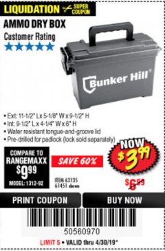 Harbor Freight Coupon BUNKER HILL SECURITY 0.30 CALIBER AMMO BOX Lot No. 63135 Expired: 4/30/19 - $3.99